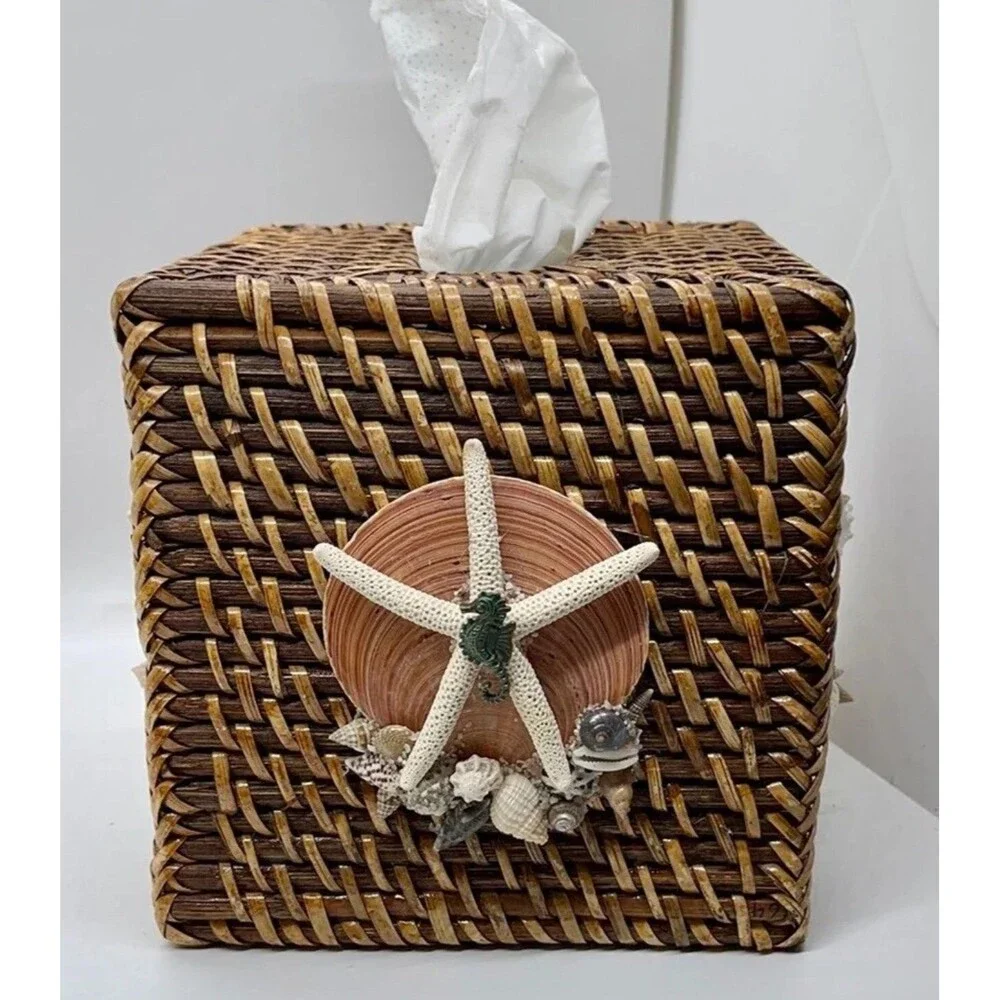 Coastal Starfish One Of A Kind Hand Decorated Rattan Tissue Box Cover Decor